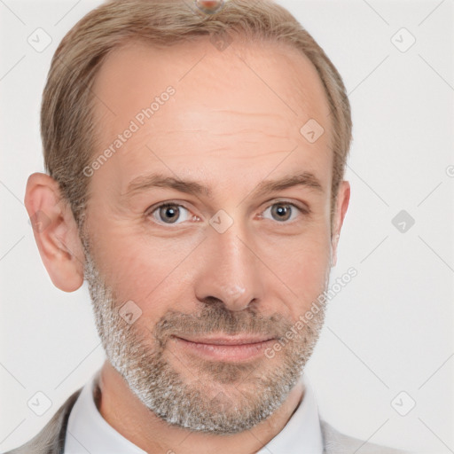 Joyful white adult male with short  brown hair and grey eyes