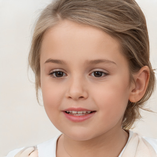 Joyful white child female with medium  brown hair and brown eyes