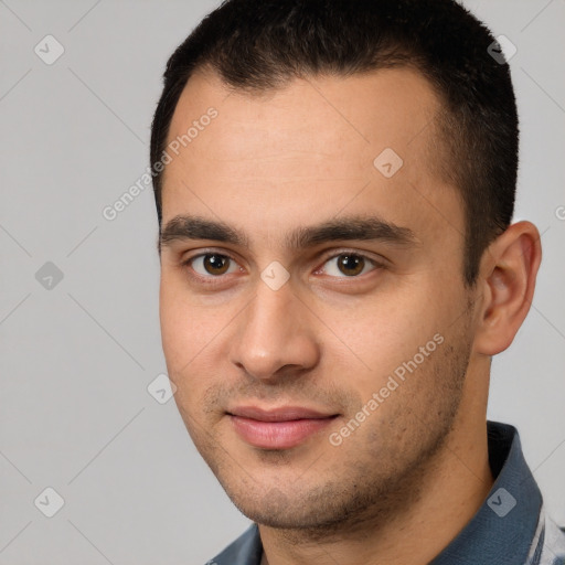 Joyful white young-adult male with short  brown hair and brown eyes