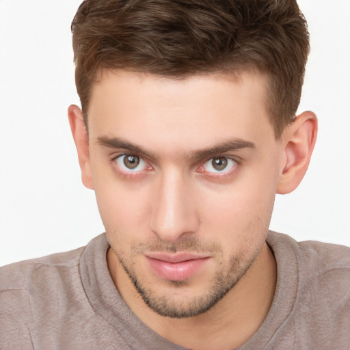 Neutral white young-adult male with short  brown hair and brown eyes