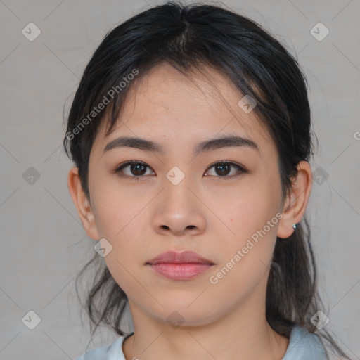 Neutral asian young-adult female with medium  black hair and brown eyes