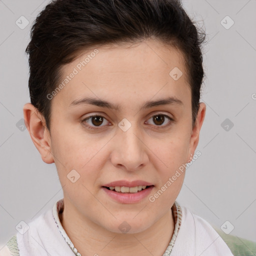 Joyful white young-adult female with short  brown hair and brown eyes