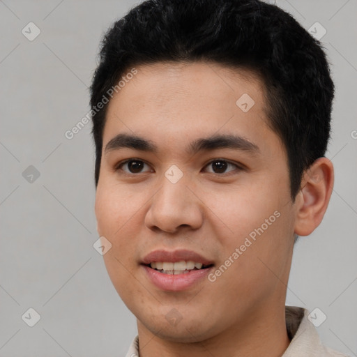 Joyful latino young-adult male with short  black hair and brown eyes