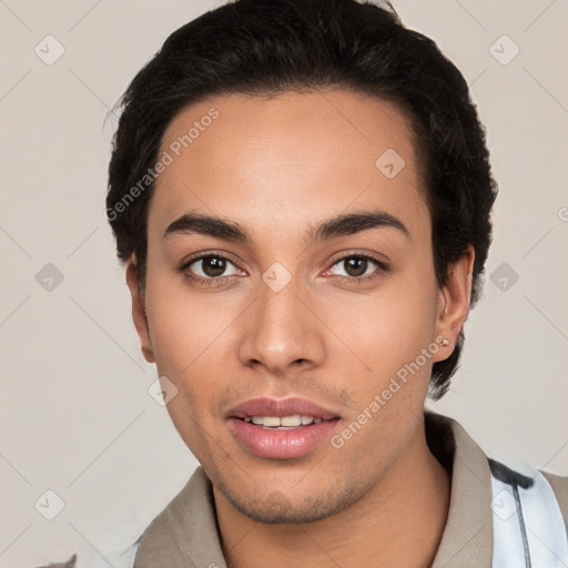 Joyful white young-adult male with short  black hair and brown eyes