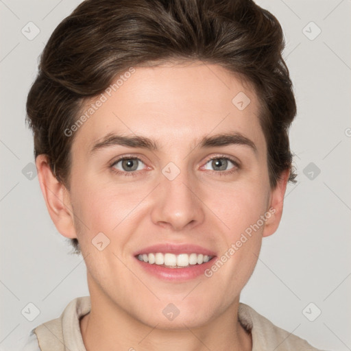 Joyful white young-adult female with short  brown hair and grey eyes