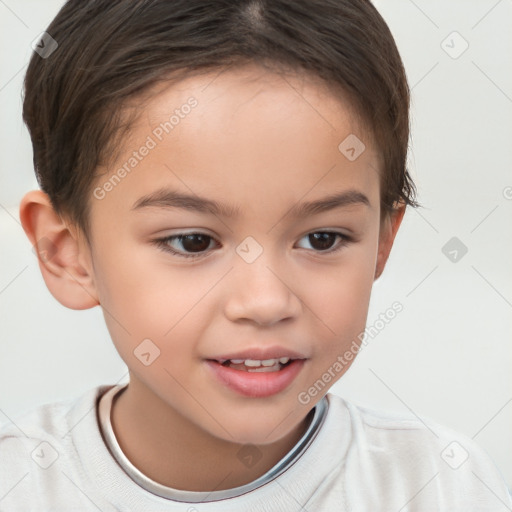 Joyful white child female with short  brown hair and brown eyes