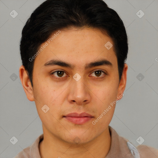 Neutral latino young-adult male with short  brown hair and brown eyes