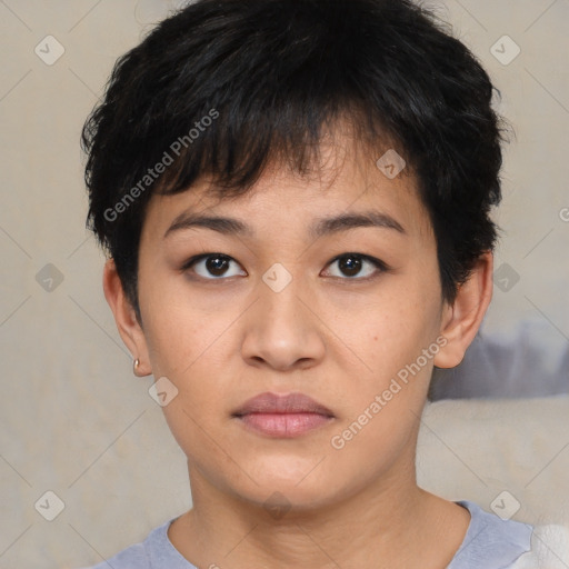 Neutral asian young-adult female with short  brown hair and brown eyes