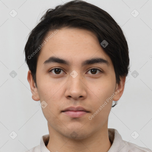 Neutral asian young-adult male with short  black hair and brown eyes