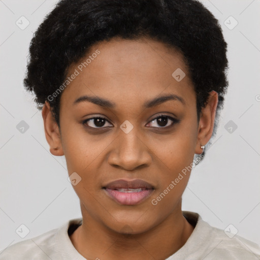 Joyful latino young-adult female with short  black hair and brown eyes