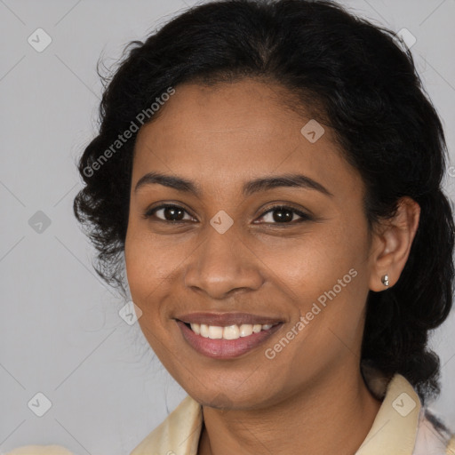 Joyful black young-adult female with medium  brown hair and brown eyes