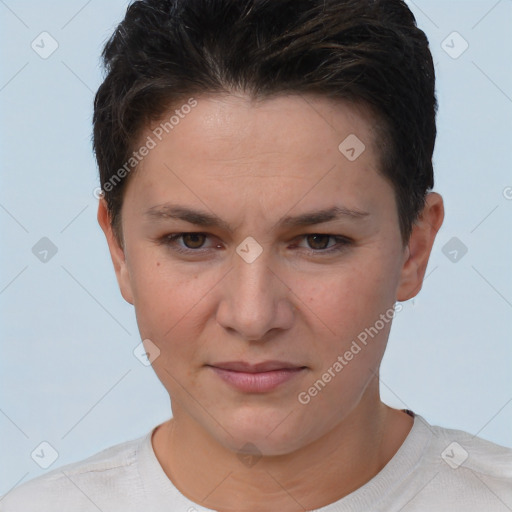 Joyful white young-adult female with short  brown hair and brown eyes