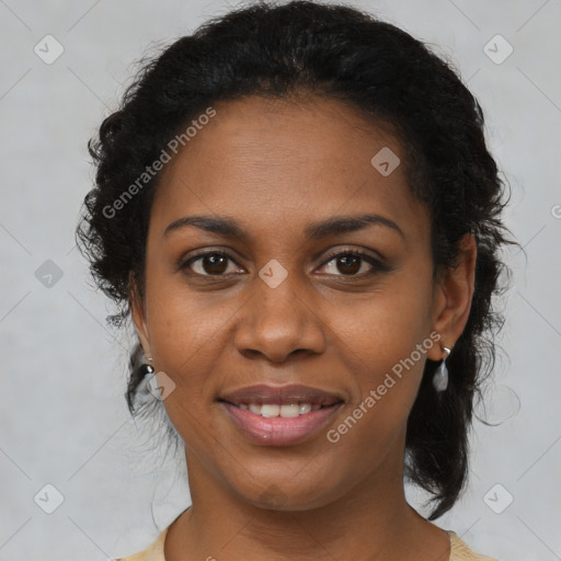 Joyful black young-adult female with medium  brown hair and brown eyes