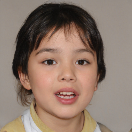 Joyful white child female with medium  brown hair and brown eyes