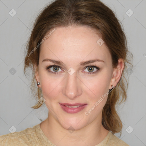 Joyful white young-adult female with medium  brown hair and blue eyes