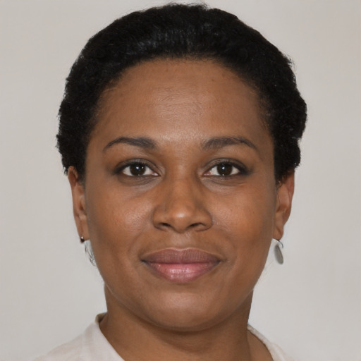 Joyful black adult female with short  black hair and brown eyes