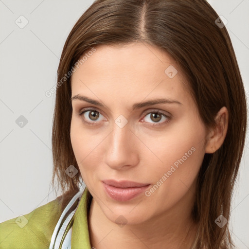 Neutral white young-adult female with medium  brown hair and brown eyes