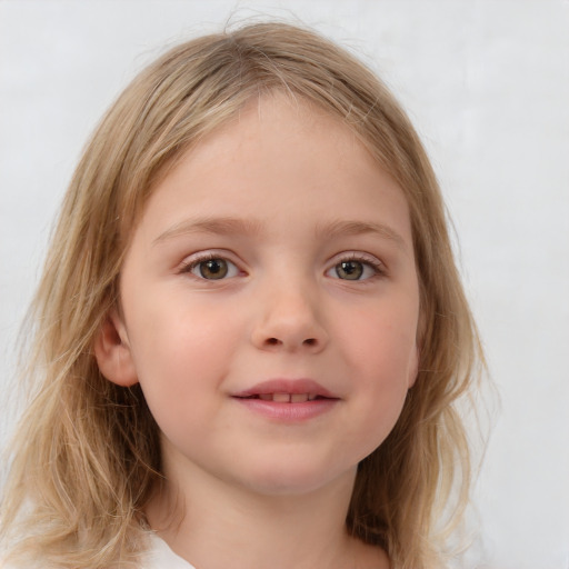 Joyful white child female with medium  brown hair and blue eyes