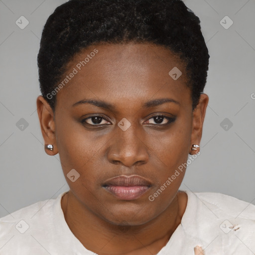 Neutral black young-adult female with short  brown hair and brown eyes