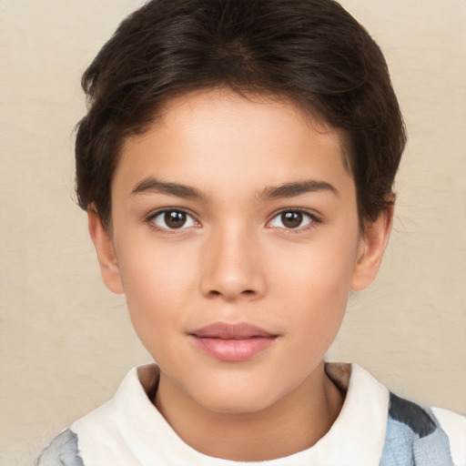 Joyful white child female with short  brown hair and brown eyes