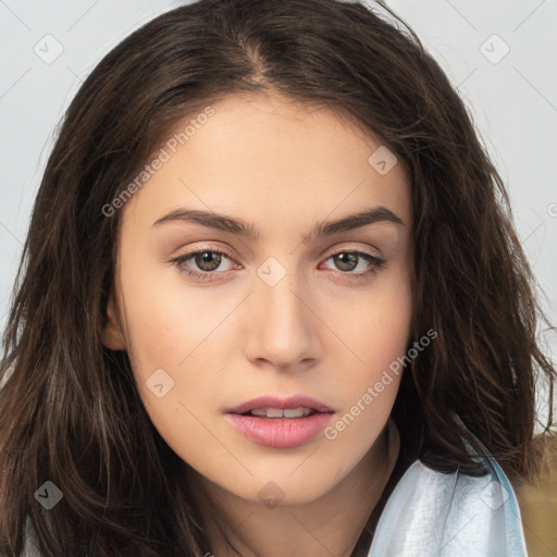 Neutral white young-adult female with long  brown hair and brown eyes