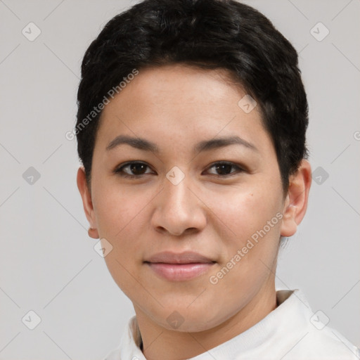 Joyful asian young-adult female with short  black hair and brown eyes