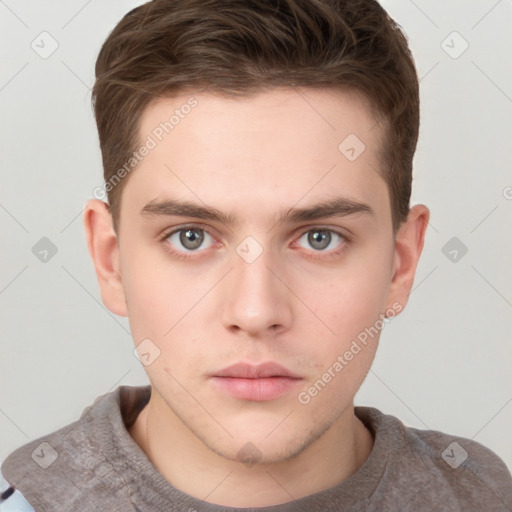 Neutral white young-adult male with short  brown hair and grey eyes