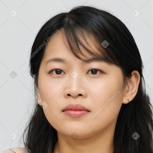 Neutral asian young-adult female with long  brown hair and brown eyes