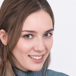 Joyful white young-adult female with medium  brown hair and blue eyes