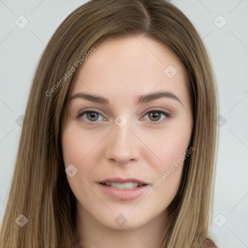 Neutral white young-adult female with long  brown hair and brown eyes