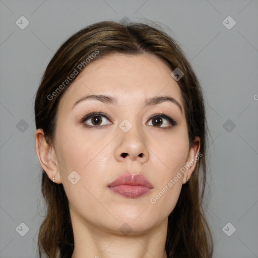 Neutral white young-adult female with medium  brown hair and brown eyes