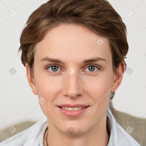 Joyful white young-adult female with short  brown hair and grey eyes