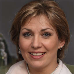 Joyful white adult female with medium  brown hair and grey eyes