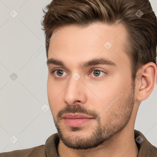 Neutral white young-adult male with short  brown hair and brown eyes