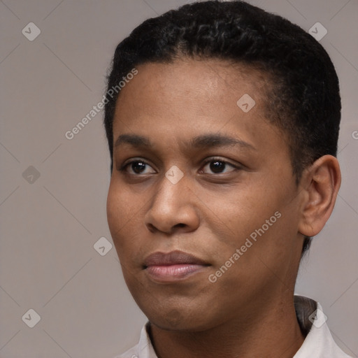 Neutral black young-adult male with short  black hair and brown eyes