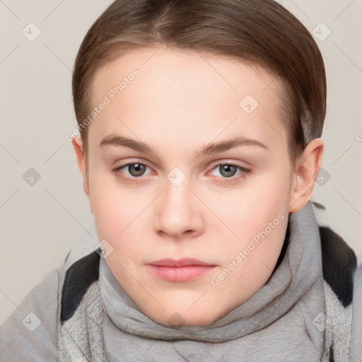 Neutral white young-adult female with short  brown hair and grey eyes