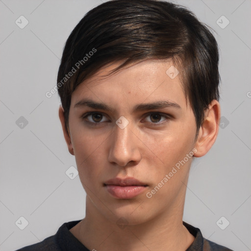 Neutral white young-adult female with short  brown hair and brown eyes