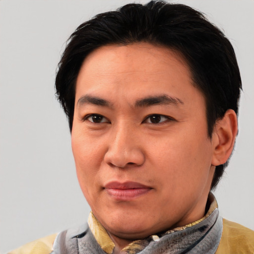 Joyful asian young-adult male with short  brown hair and brown eyes