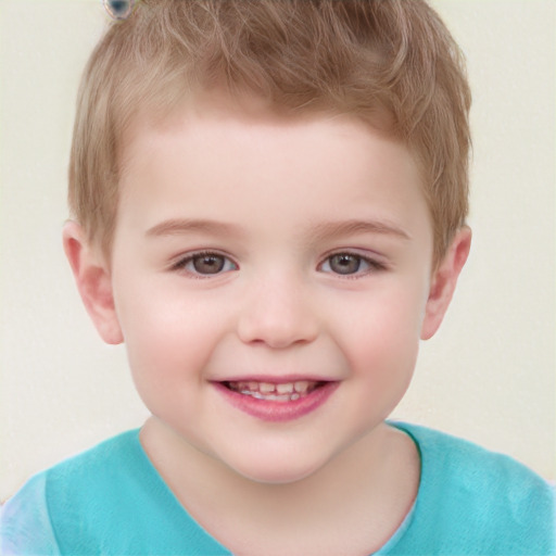 Joyful white child male with short  brown hair and grey eyes