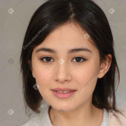 Joyful white young-adult female with medium  brown hair and brown eyes