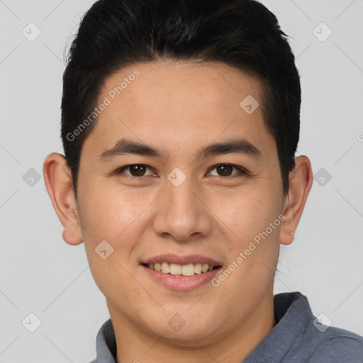 Joyful asian young-adult male with short  brown hair and brown eyes