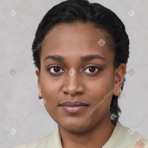 Neutral black young-adult female with short  black hair and brown eyes