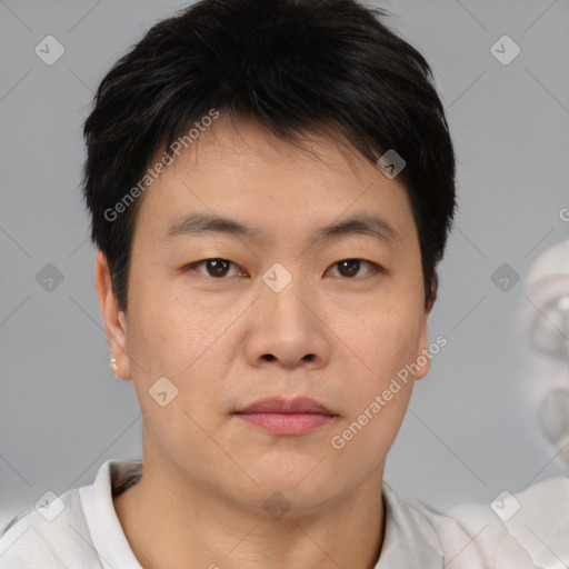 Neutral asian young-adult male with short  brown hair and brown eyes