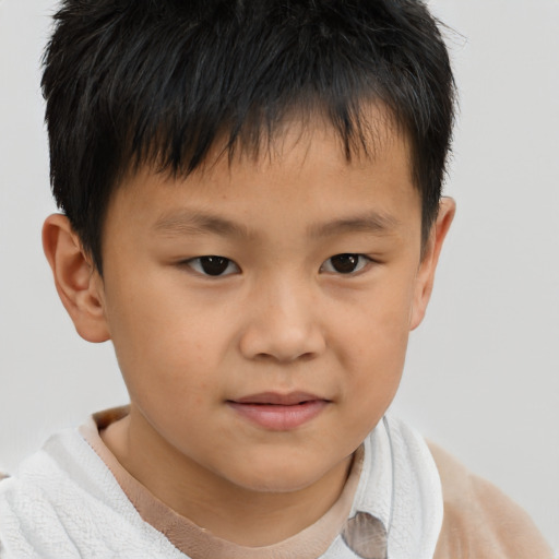 Joyful asian child male with short  brown hair and brown eyes