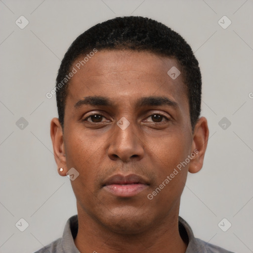 Neutral black young-adult male with short  black hair and brown eyes
