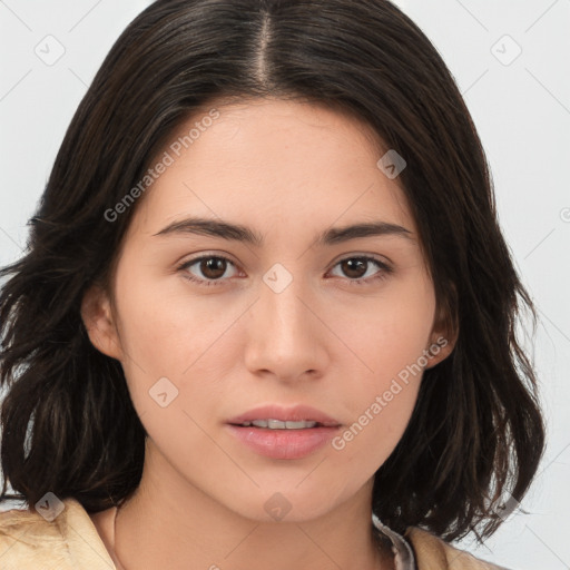 Neutral white young-adult female with medium  brown hair and brown eyes