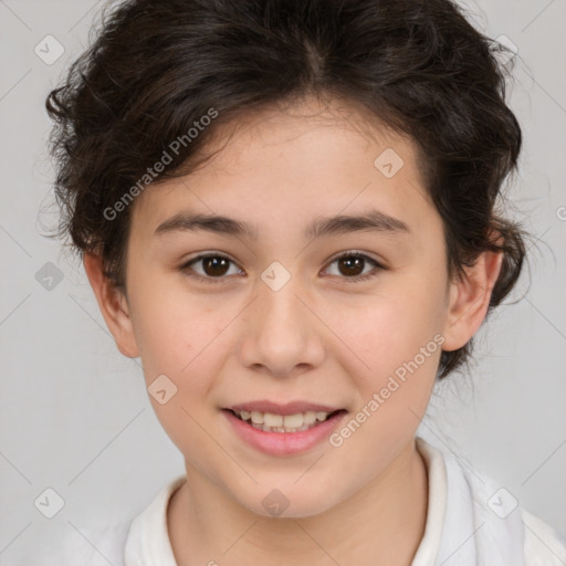 Joyful white child female with medium  brown hair and brown eyes