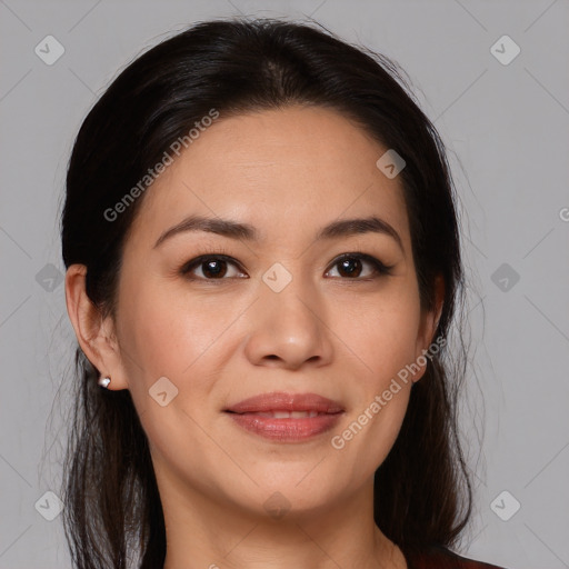 Joyful white young-adult female with medium  brown hair and brown eyes