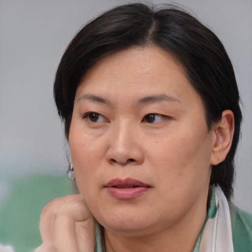 Neutral asian adult female with short  brown hair and brown eyes