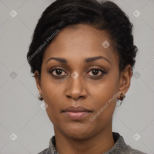 Neutral black young-adult female with short  black hair and brown eyes